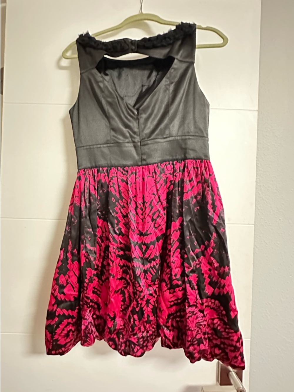 bebe Black and Hot Pink Patterned Mini Dress